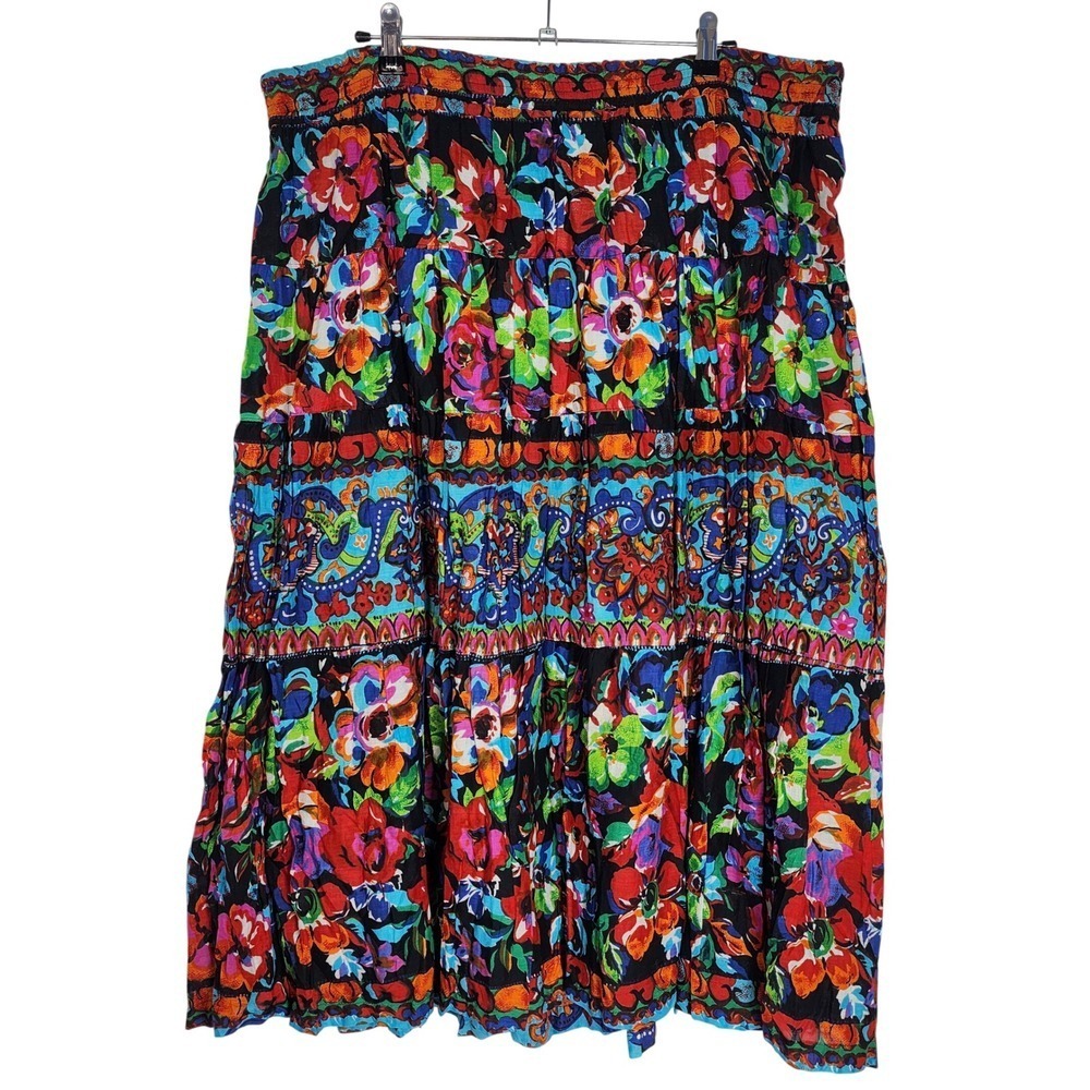Vintage 90s Y2K Floral Lined Cotton Tiered Maxi Skirt Boho Colorful Womens M